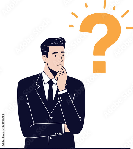 Man In Suit Thinking With Question Mark Vector Flat Illustration