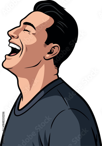 Man Laughing Hysterically Joyful Expression Dark T-shirt Profile View Isolated