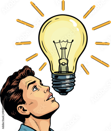 Man Looking Up At Bright Yellow Light Bulb Idea Concept