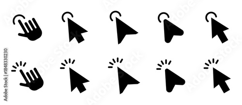 Pack de iconos de cursor de computadora. Clic de dedo, flecha interactiva, selección digital, acción de usuario y puntero web. Diseño vectorial lineal