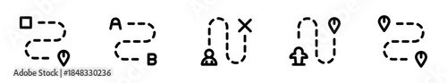 Pack de iconos de rutas. Envío con ubicación, trayecto A hacia B, usuario con destino, vuelo con localización y puntos conectados. Diseño vectorial lineal