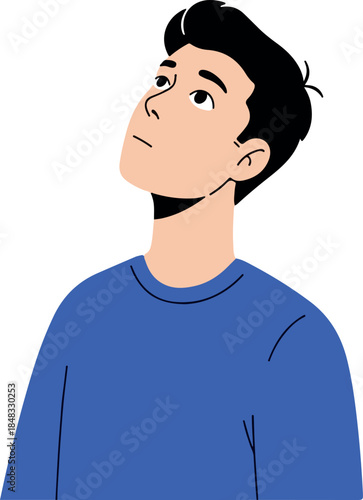 Man Looking Up In Thought Blue Crew Neck Sweater Simple Minimalist Style