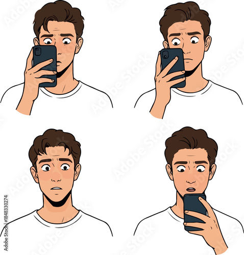 Man Reacts With Shock To Smartphone Screen Holding Device White T Shirt