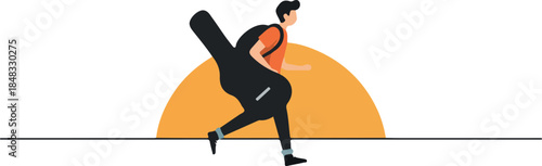 Man Running with Guitar Case at Sunset Minimal Flat Illustration