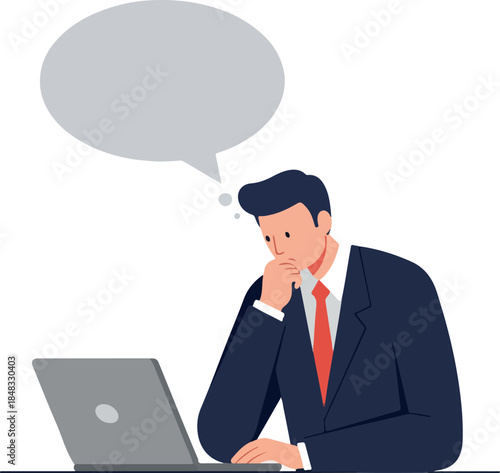 Man Thinking Laptop Working Blue Suit Red Tie Gray Speech Bubble