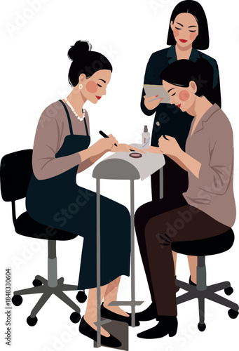 Manicurist Applying Nail Polish To Client With Instructor Watching In Flat Design