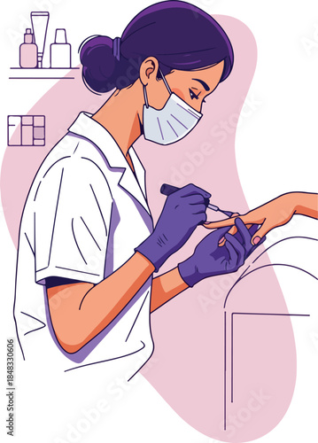 Manicurist Applying Nail Polish With Mask and Gloves Minimalist Vector Art