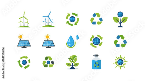Vector Illustration of Sustainability, Renewable Energy, and Eco-Friendly Icons Featuring Solar Power, Wind Energy, Recycling, and Green Technologies