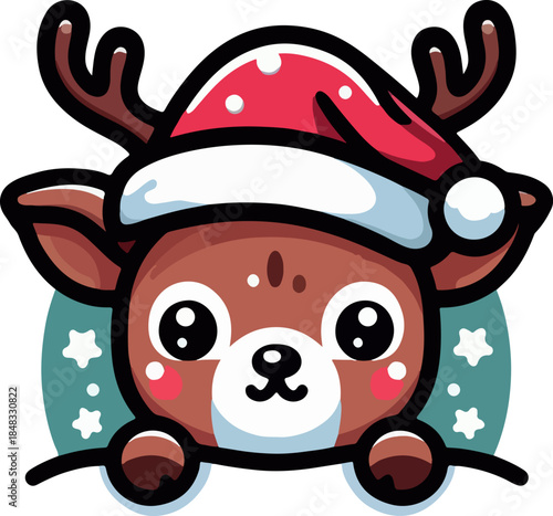 Christmas reindeer with red nose and red hat cartoon illustration