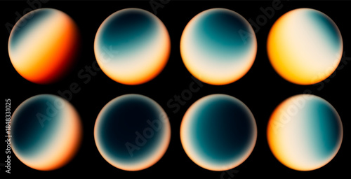 Set of futuristic gradient spheres in deep blue and glowing golden hues inspired by colors of sunset and ocean. Amber and turquoise glowing spheres for creative design, digital art and minimal posters