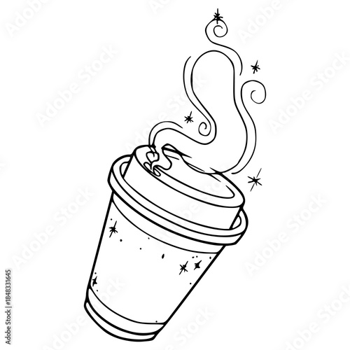 magical coffee cup vector with mystical steam and star sparkles