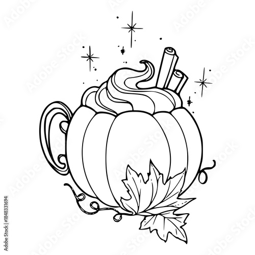 whimsical fall season beverage sketch with stars and pumpkin cup