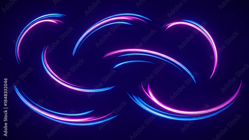 Fototapeta premium Swirling neon light trails in blue and pink against dark background curve streak