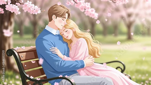 Animated romantic couple embracing on park bench with falling cherry blossoms in soft pastel colors