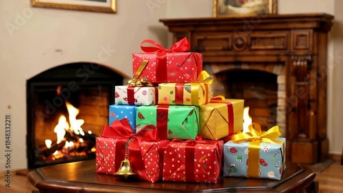 Festive Christmas Gifts Stacked by a Cozy Fireplace.