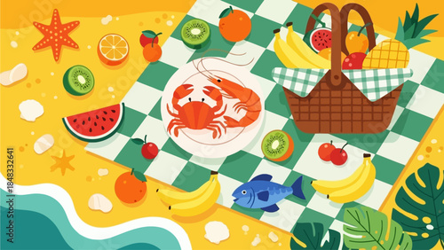 Vibrant picnic scene with assorted fruits and seafood on a checkered blanket outdoors