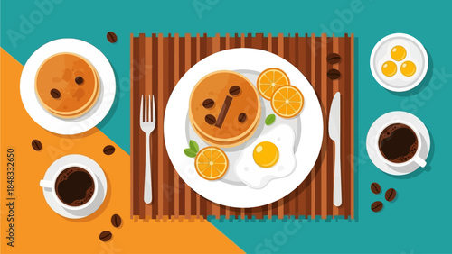 A vibrant graphic illustration of pancakes and coffee on a placemat viewed from directly above