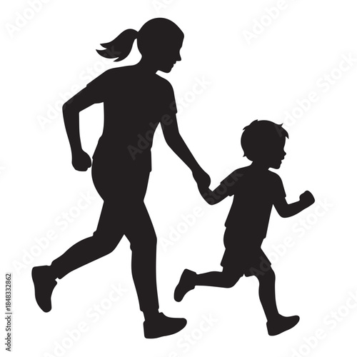 Running mother-child silhouette is ideal for warm emotional vector graphics.