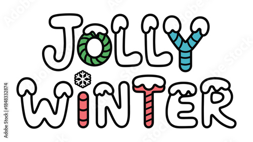 Jolly Winter: A playful and festive design, featuring the words JOLLY WINTER in whimsical lettering, perfect for spreading holiday cheer.