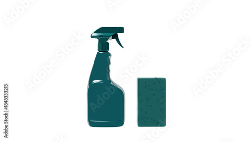 Teal Spray Bottle and Sponge on White Background