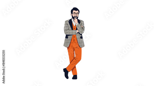 Thoughtful Bearded Man in Stylish Orange Suit and Plaid Jacket