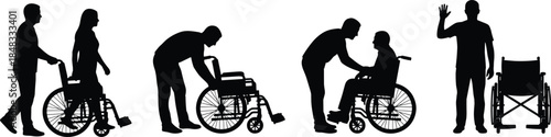 Caregiver assisting wheelchair user silhouettes illustrating disability support healthcare assistance rehabilitation and patient care isolated on white background
