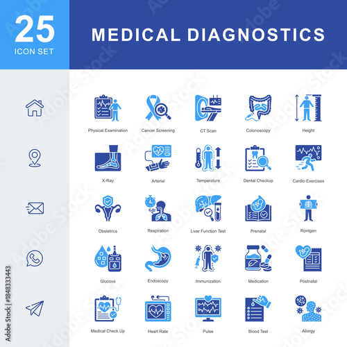A medical diagnostics icon set featuring physical exams, cancer screening, CT scans, blood tests, x-ray imaging, immunization, endoscopy, prenatal care, and clinical evaluation procedures.