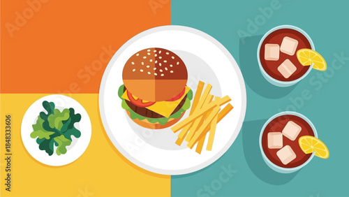 A delicious burger meal with fries and drink on a colorful background