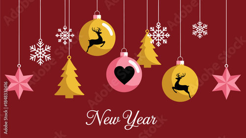 A festive New Year illustration featuring deer silhouettes and ornaments against a red background