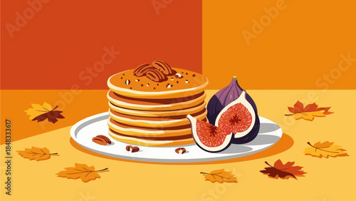 A stack of pancakes with figs on a plate surrounded by autumn leaves