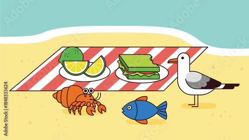 A serene beach scene with a picnic setup on the sand featuring a crustacean, fish, and a seagull nearby.