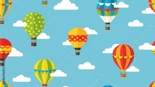 Colorful hot air balloons floating in a serene blue sky with white clouds