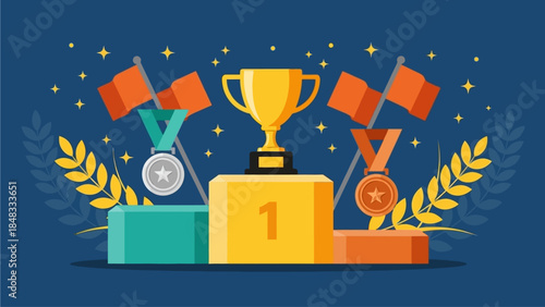 Trophy and medals on pedestals with laurel wreaths and ribbons on a blue background