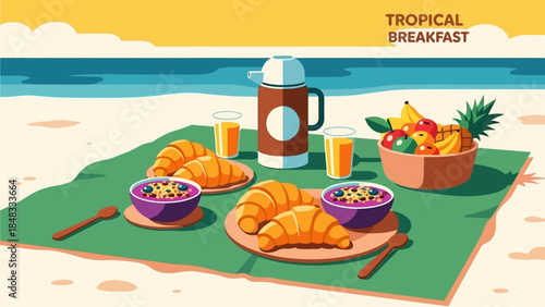 Serene tropical beach breakfast scene with pastries and fruit on a blanket