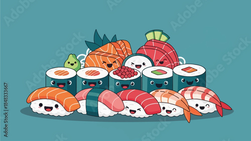 Assorted sushi rolls and sashimi arranged on a plate, viewed from directly above a blue background