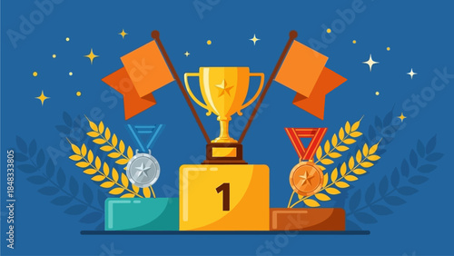 A golden trophy on a podium with medals and flags surrounding it on a blue background with stars