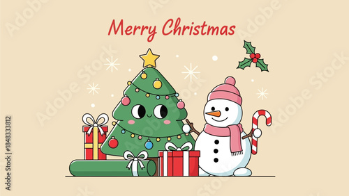 A cartoon snowman and Christmas tree standing together with gifts and decorations
