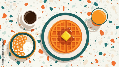 A delicious breakfast scene featuring waffles, coffee, and orange juice on a colorful tabletop viewed from directly above.