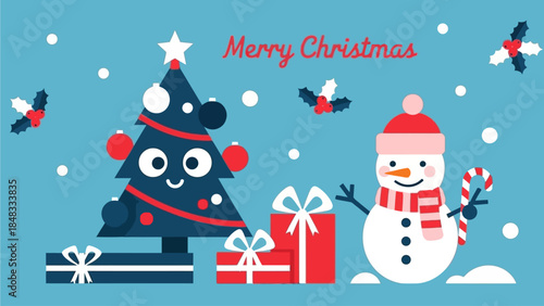 A festive Christmas scene featuring a cartoon tree, snowman, and gifts in a winter wonderland setting