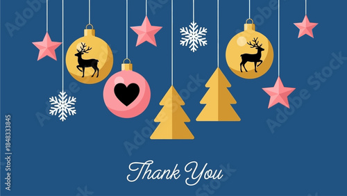 Christmas ornaments and trees hanging from above against a blue background with stars