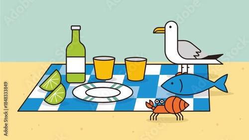 A seagull stands on a beach with a picnic setup including a bottle, cups, and seafood illustrations