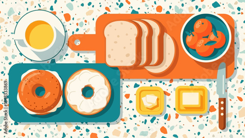 Top View Of A Delicious Breakfast Spread With Toasted Bagels, Sliced Bread, Butter, And Fruit On A Speckled Surface