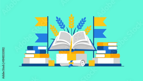 Open book with wheat sheaves and flags, symbolizing knowledge, culture, and education