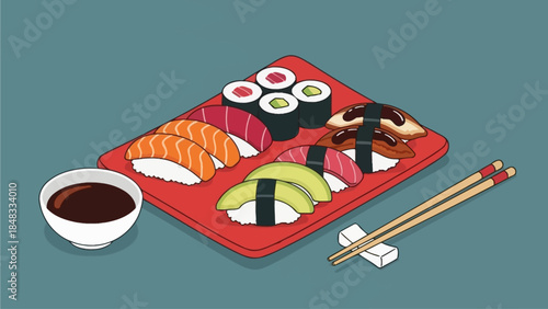 Japanese Cuisine A Delicious Selection of Fresh Sushi and Soy Sauce