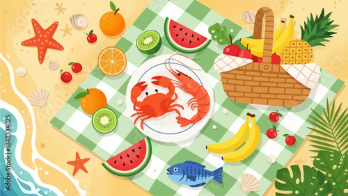 A delightful summer picnic spread on a checkered blanket near the ocean, featuring fresh fruits, seafood, and a woven basket brimming with treats