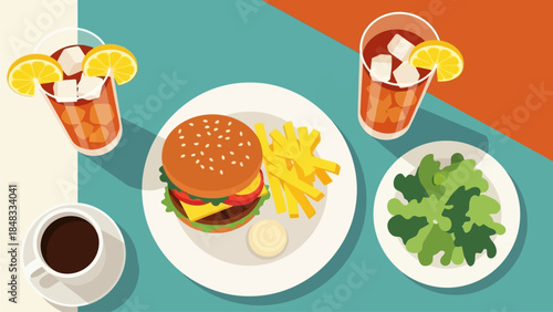 Overhead view of a delightful picnic spread with fresh seafood, fruits, and watermelon on a checkered blanket atop sandy beach with turquoise water background