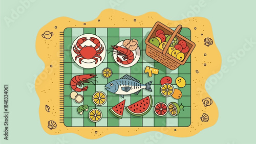 Vibrant summer beach picnic illustration with a delicious spread of fresh seafood, colorful fruits, and a classic checkered blanket on golden sand, capturing a perfect outdoor dining experience