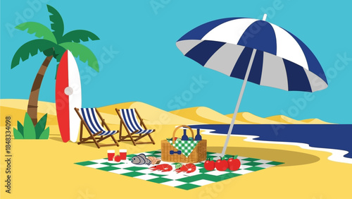 A vibrant illustration capturing the essence of a perfect summer day on a sandy beach, complete with a striped umbrella, comfortable chairs, a surfboard, and a delightful picnic spread by the ocean