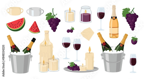 Collection of romantic dinner and celebration elements, including champagne, red wine, candles, grapes, cheese, and watermelon slices.