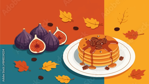 Delicious Autumnal Pancakes with Fresh Figs and Syrup - A Perfect Fall Breakfast Illustration